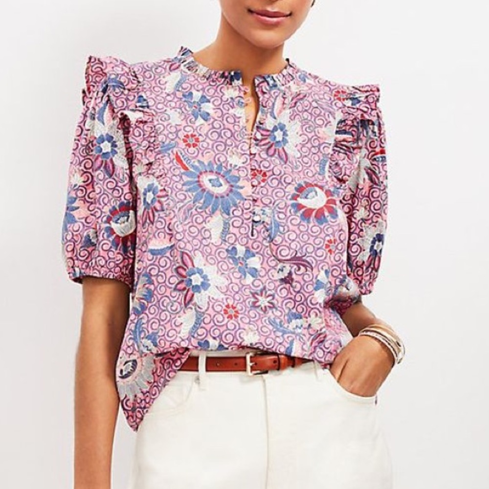 LOFT Floral Dahlia Ruffle Puff Sleeve Top EUC